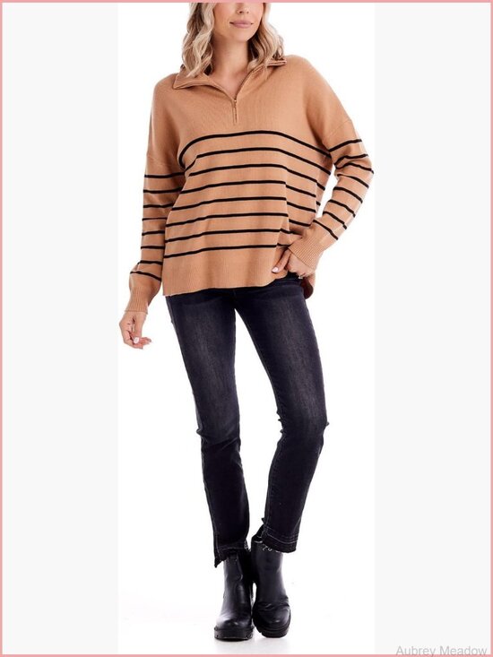 Sweaters - Three-quarter zip neck striped pullover sweater